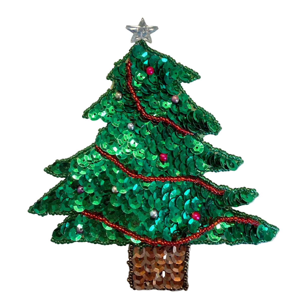 Christmas Tree with Ornaments and Clear Star - Sequins and Glass Beads - 5.5" x 5"