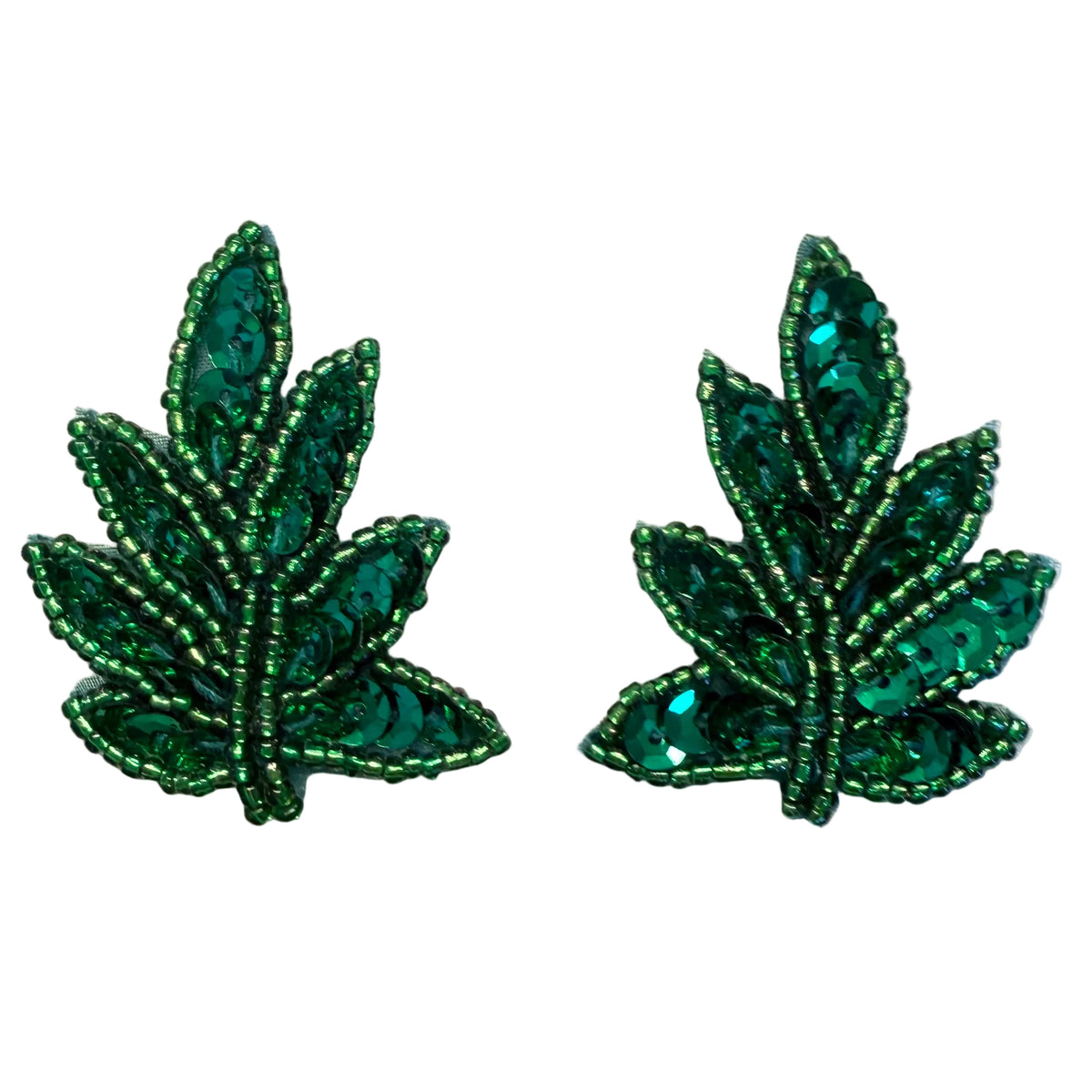 Sequin & Bead Leaf Appliqué – Dark or Light Green Beads, Pair or Single, Pre- Glued Backing or Regular Backing