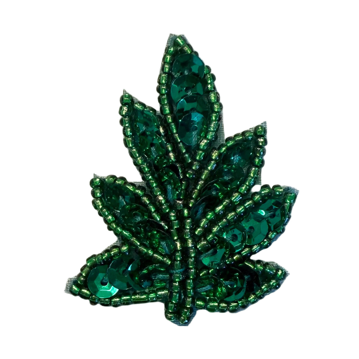 Sequin & Bead Leaf Appliqué – Dark or Light Green Beads, Pair or Single, Pre- Glued Backing or Regular Backing