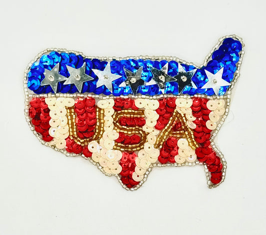 America Flag Appliqué in Shape of USA Map with Red, Iridescent White and Blue Sequins and Gold and Silver Beads 4" x 3"