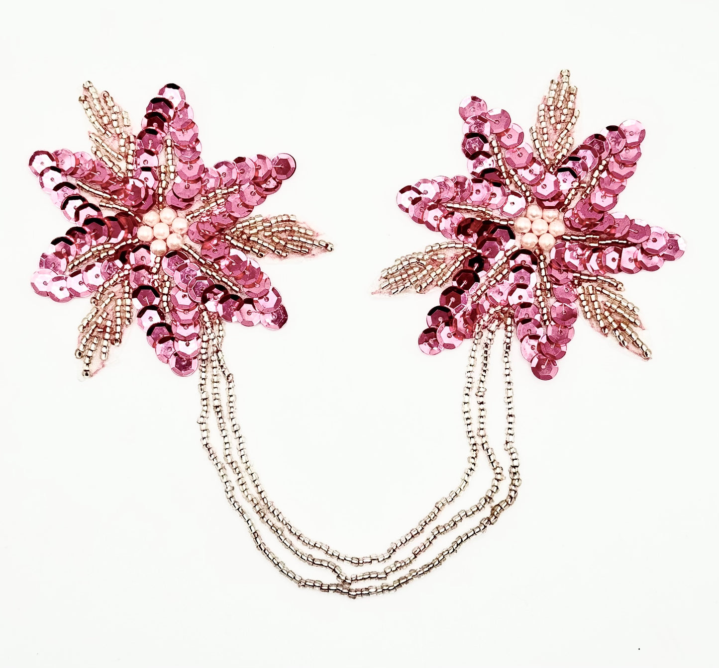 Epaulet Appliqué - Pink Sequins - Pink/Silver Beaded - 9.5”x 3”