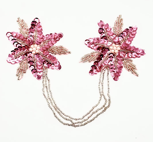 Epaulet Appliqué - Pink Sequins - Pink/Silver Beaded - 9.5”x 3”