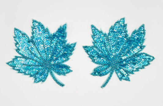 Leaf Pair Appliques with Turquoise Sequins and Beads 5" x 5"