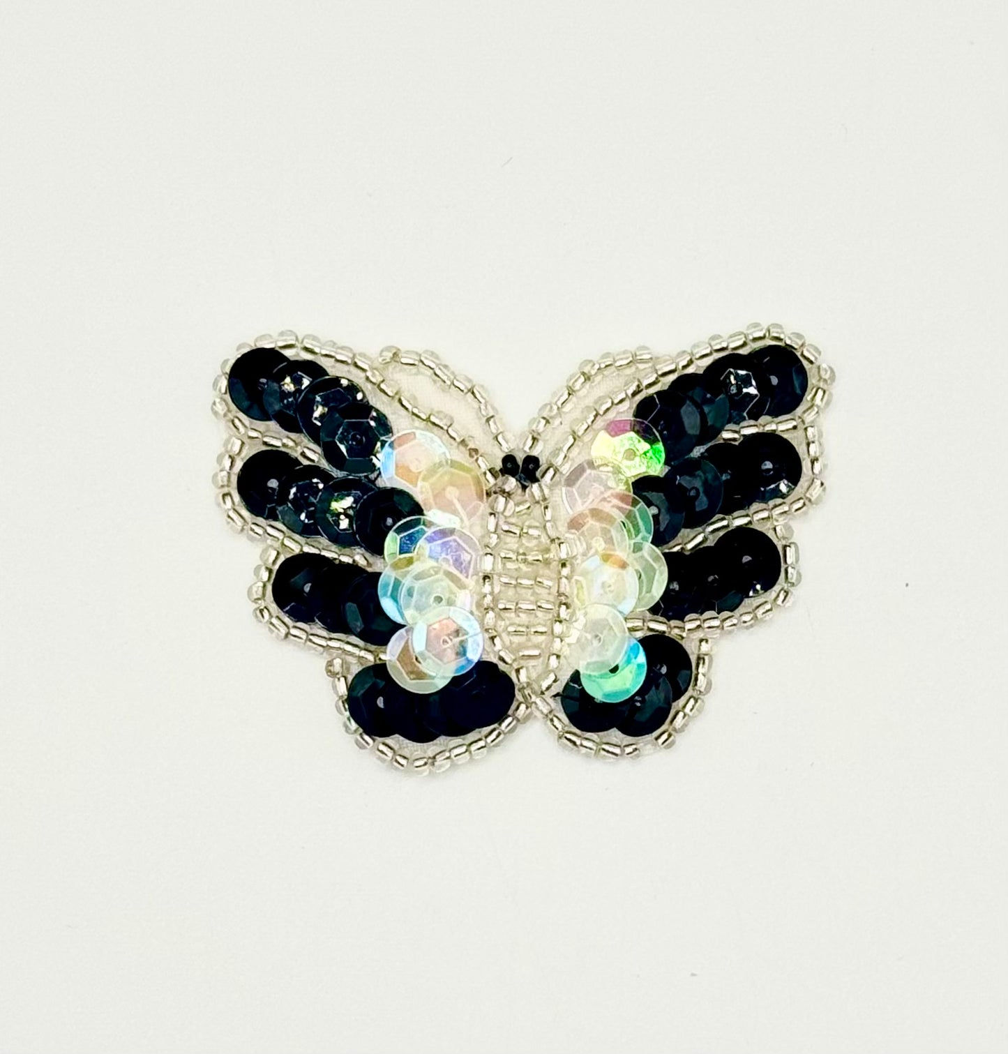 Butterfly Appliqué with Clear Iridescent and Black Sequins and Silver Beads 2.25" x 1.5"