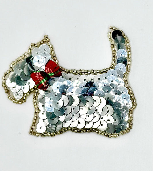 Scottie Dog Appliqué Facing Left with Silver Sequins and Beads with Plaid a Bow 3" x 2.5"