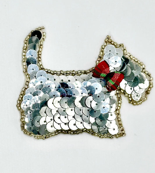 Scottie Dog Appliqué Facing Right with Silver Sequins and Beads and a Bow 3 x 2.5