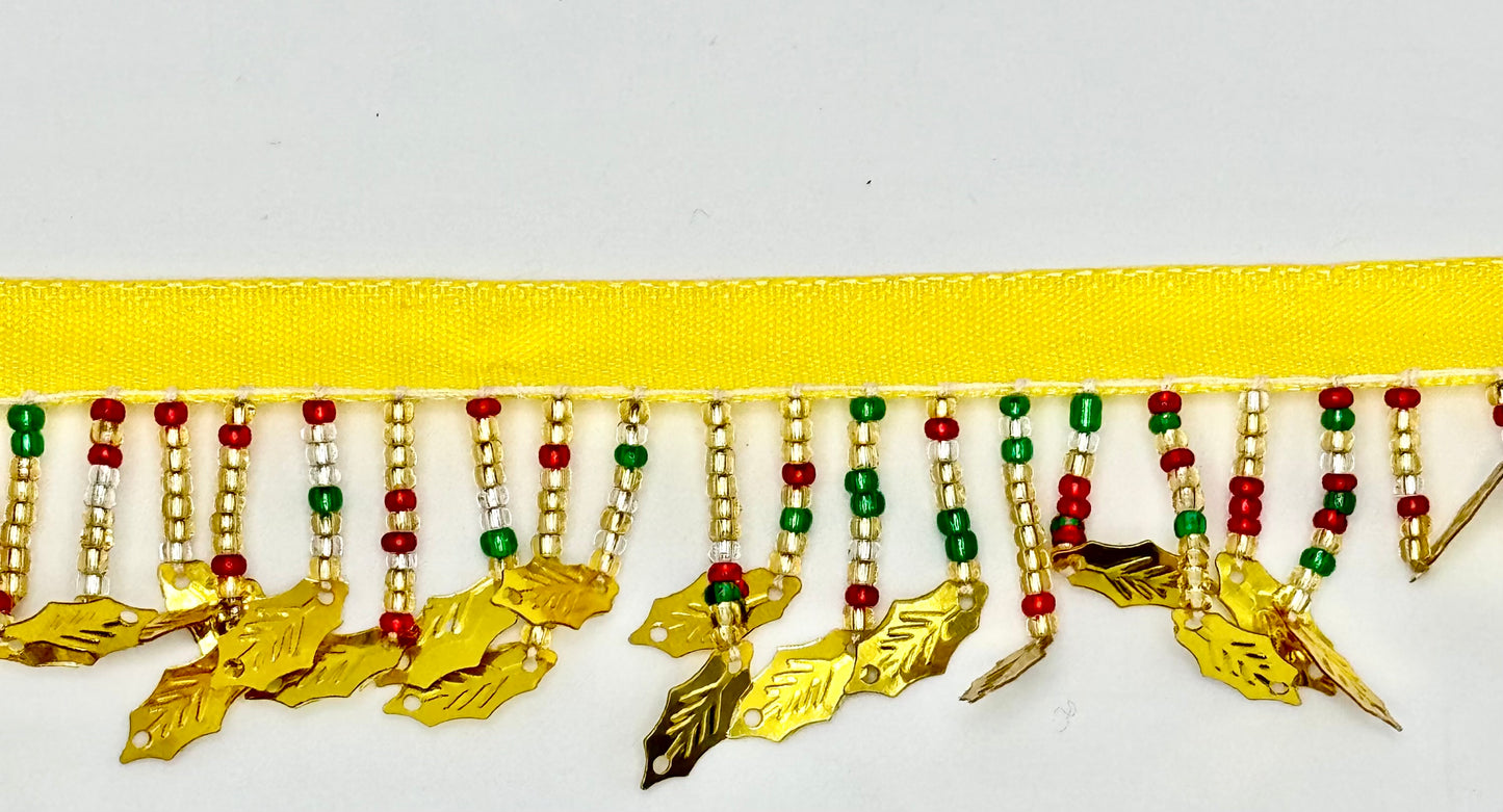Christmas Trim with Multi-Colored Beads and Gold Leaf Sequins 1.25" Wide Sold by the Yard