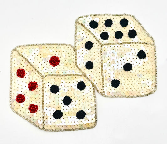 Dice with White Iridescent Sequins and Silver, Black and Red Beads 4" x 7"