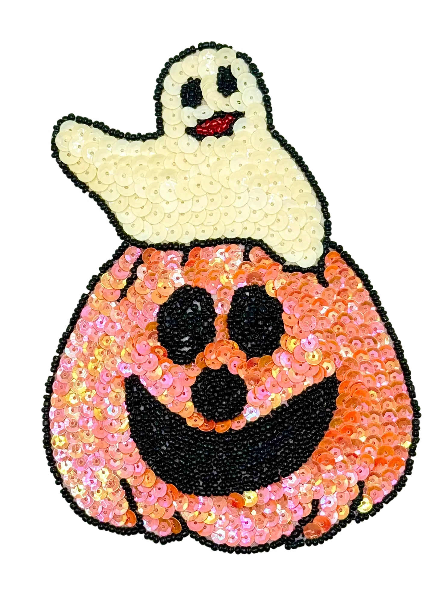 Halloween Pumpkin Appliqué with Ghost Sequin Beaded 6" x 4.5"