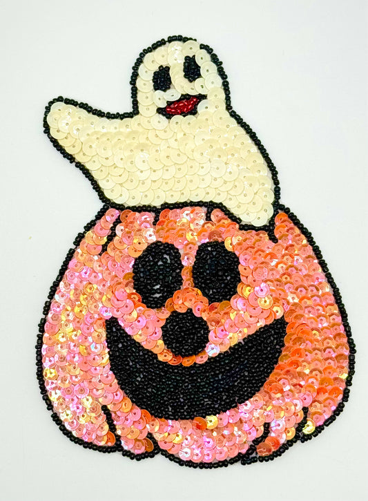 Halloween Pumpkin Appliqué with Ghost Sequin Beaded 6" x 4.5"
