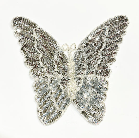 Butterfly Appliqué with Silver Sequins and Beads with Pearl Eyes 7.25" x 7"