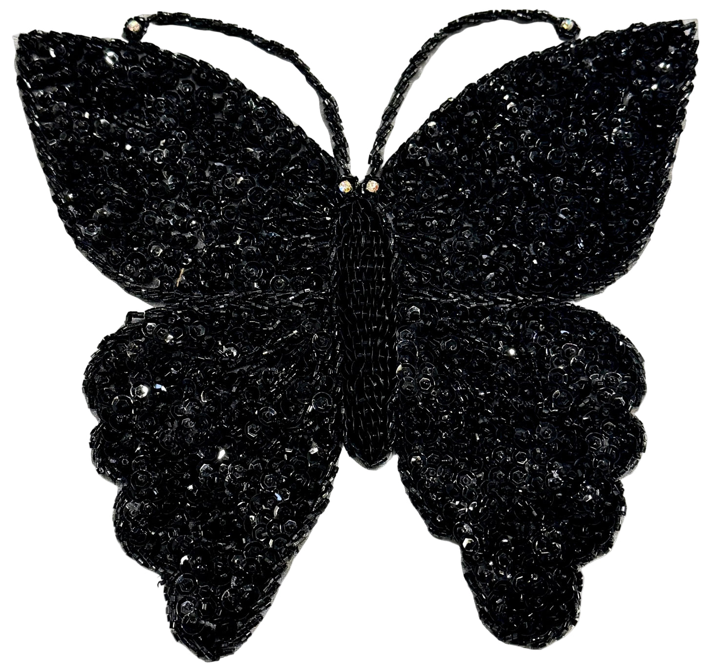 Black butterfly patch with sequins, beads and rhinestones on a white background