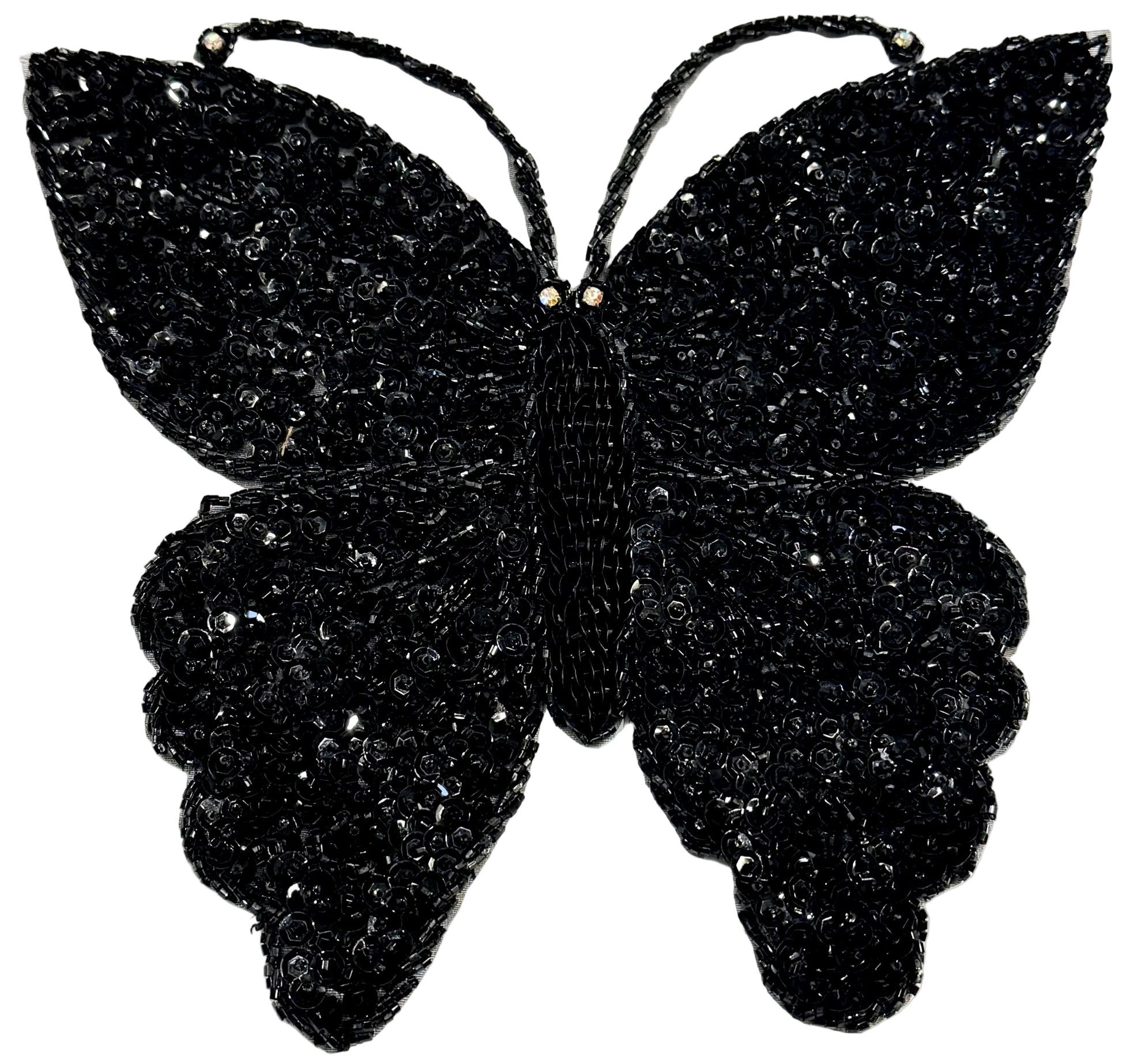 Black butterfly patch with sequins, beads and rhinestones on a white background