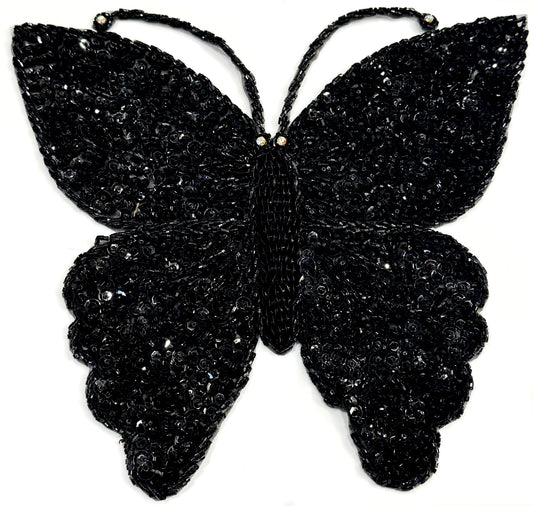 Handmade Butterfly Appliqué with Black Sequins and Beads and AB Rhinestone 9" x 8.75"