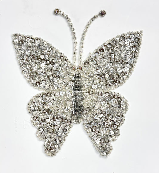 Butterfly with Silver Sequins and Beads and AB Rhinestones 6.5" x 6.5"