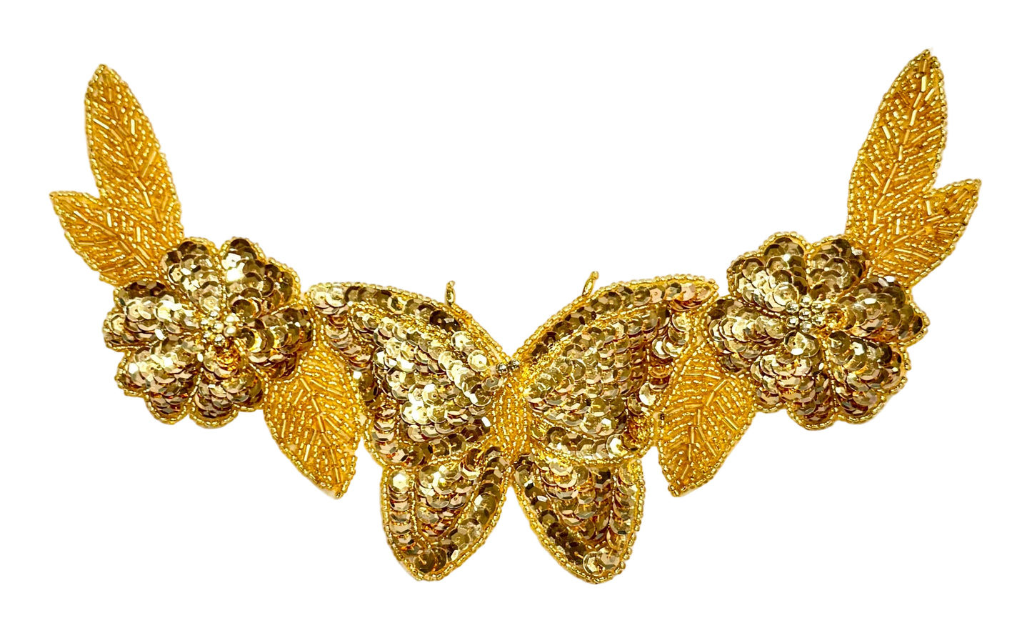 Escote de mariposa y flor con lentejuelas y cuentas doradas de 10.25" x 6"