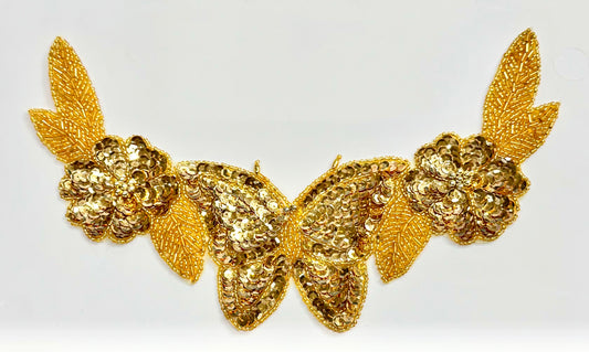 Butterfly and Flower Neckline with Gold Sequins and Beads 10.25" x 6"