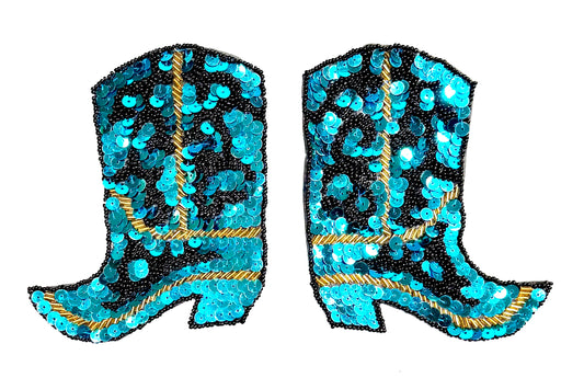 Cowboy Boot Pair with Turquoise Sequins and Black and Gold Beads 5.5" x 4.5"