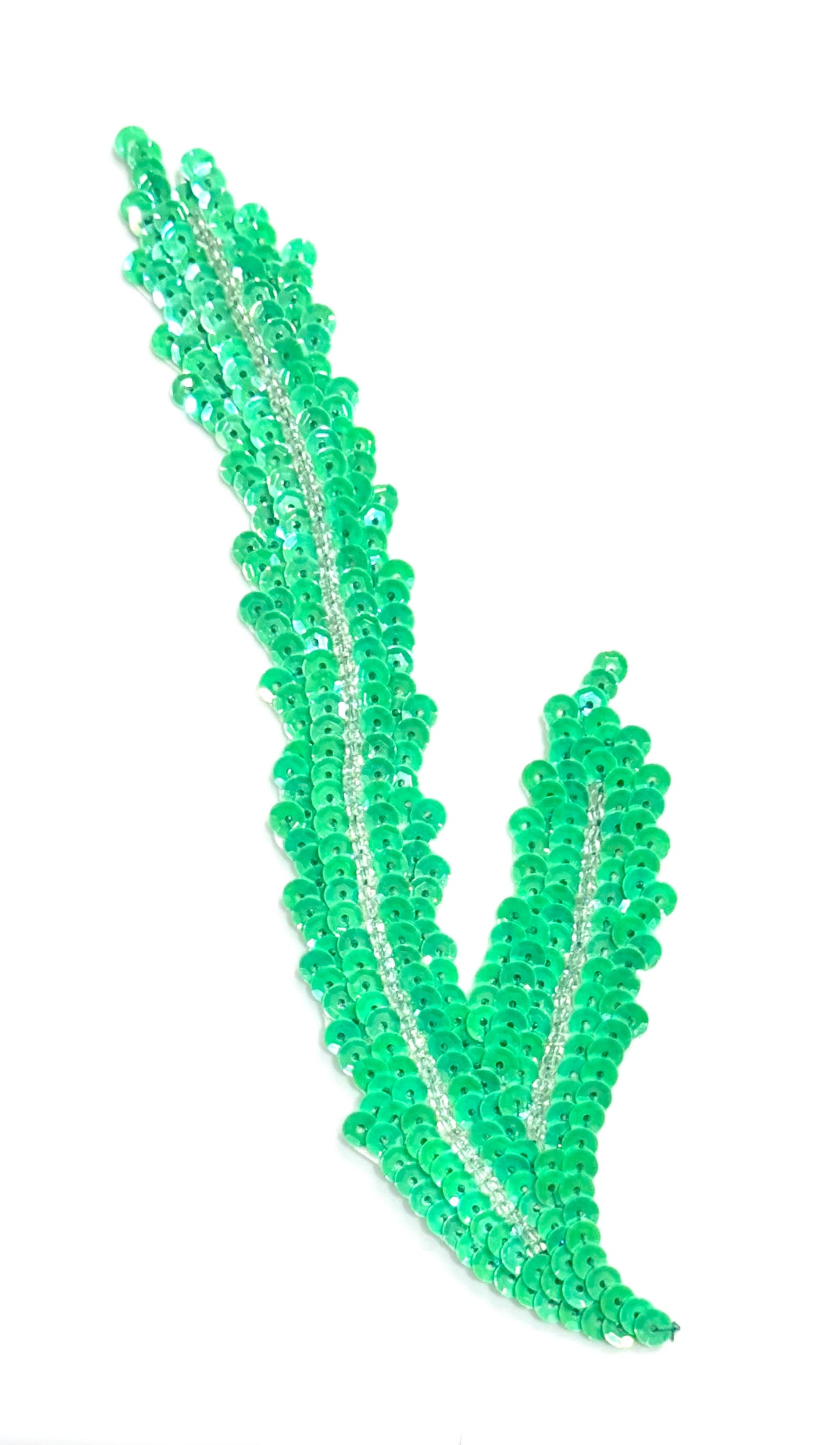 Seaweed Leaf Motif with Green Sequins and Silver Beads 7.5" x 2.25"