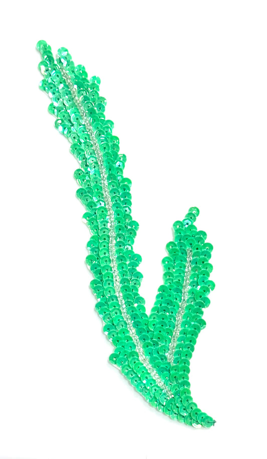 Seaweed Leaf Motif with Green Sequins and Silver Beads 7.5" x 2.25"