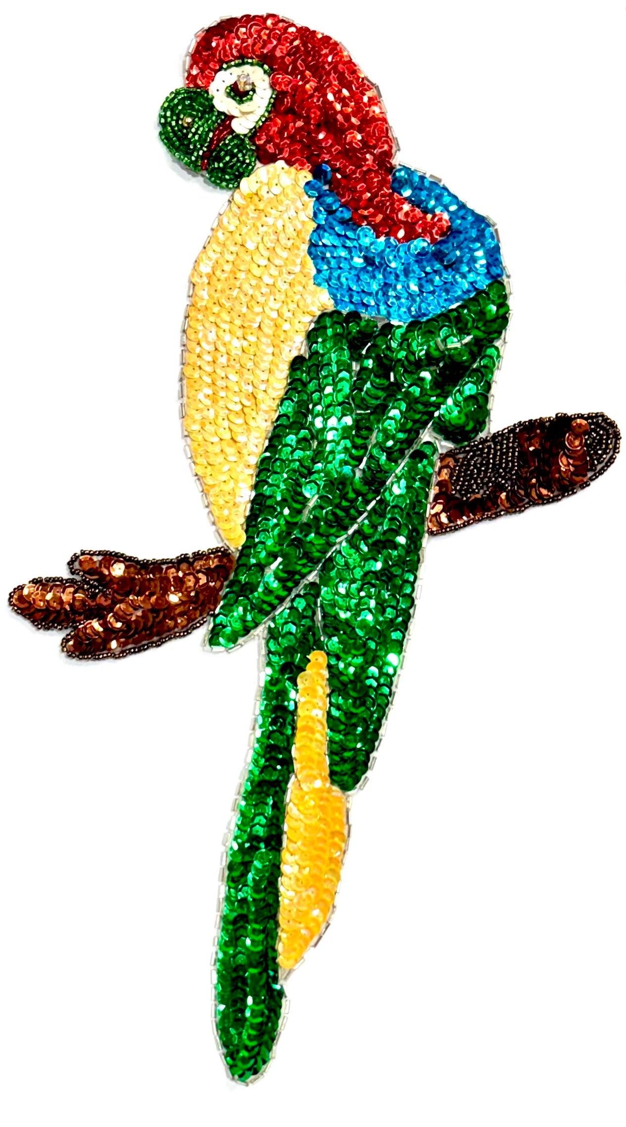 Gorgeous Parrot Perched on a Branch - Multicolored Sequins - Beads - AB Rhinestone Eye 14" x 8.5"