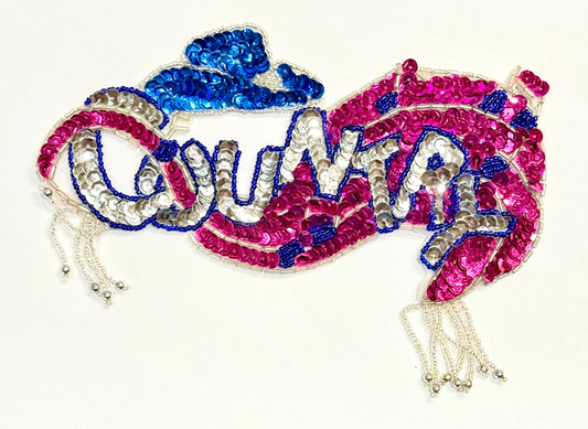 "Country" Word and a Cowboy Hat with Royal Blue and Fuchsia Sequins and Silver and Royal Blue Beads 7.75" x 5"