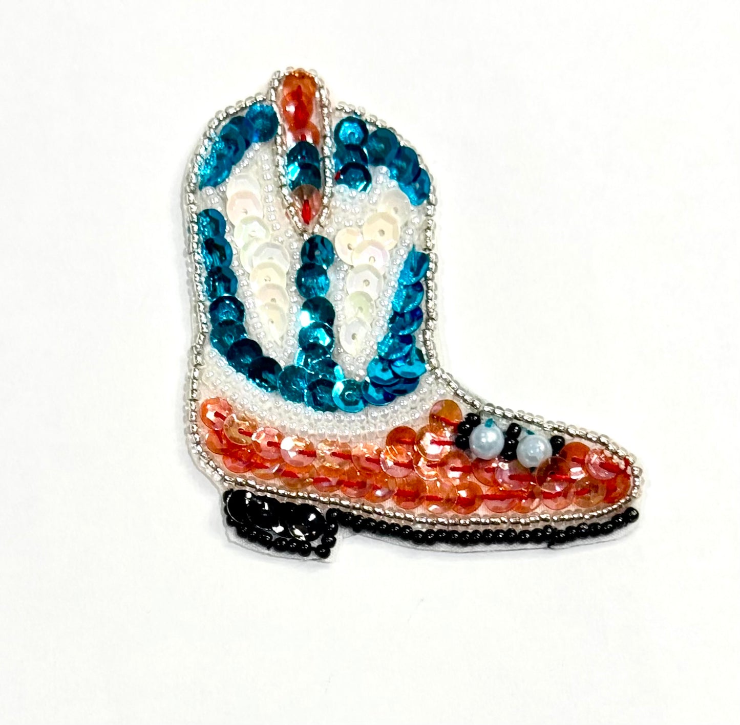 Handmade Western Style Boot Appliqué with Turquoise/White/Rose Sequins 2.75” x 2.5"