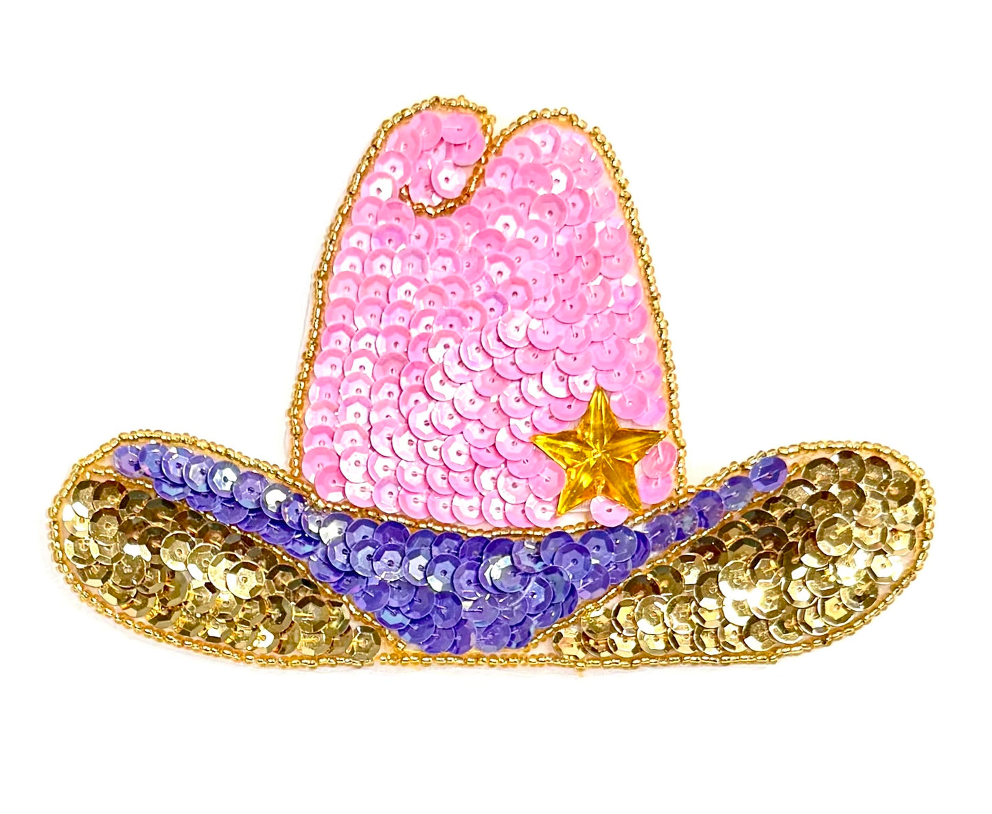 Sombrero de vaquero - Lentejuelas rosas y moradas - Cuentas doradas - Estrella dorada 15 cm x 10 cm