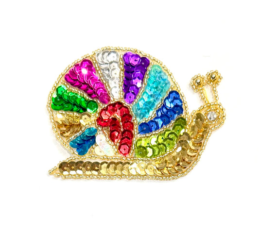 Snail with Multicolored Sequins, Gold Beads and a Rhinestone Eye 3.5" x 2.75"