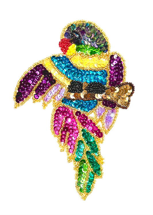 Parrot Stretching Wing with Multicolored Sequins and Beads 6.5" x 4"