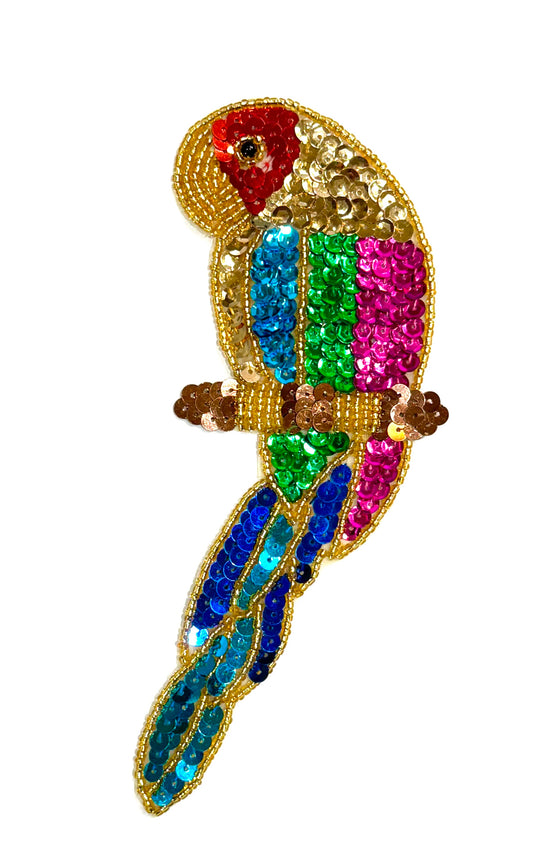 Parrot with Turquoise Tail Feathers - Multicolored Sequins and Gold and Black Beads 6.75 "x 2.5"