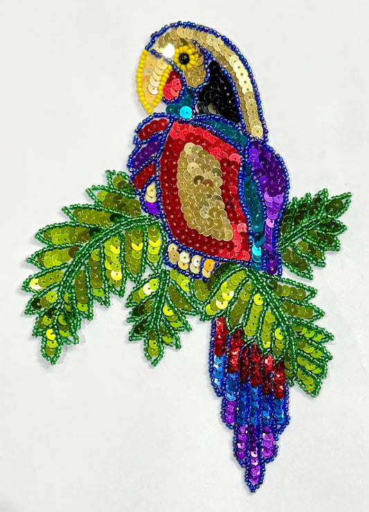 Amazing Colorful Parrot on Green Sequin Branches and Leaves 7.75" x 5.5"