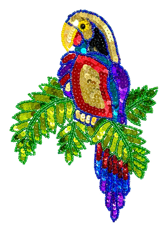 Parrot on Green Sequin Branches and Leaves 7.5" x 5.25"