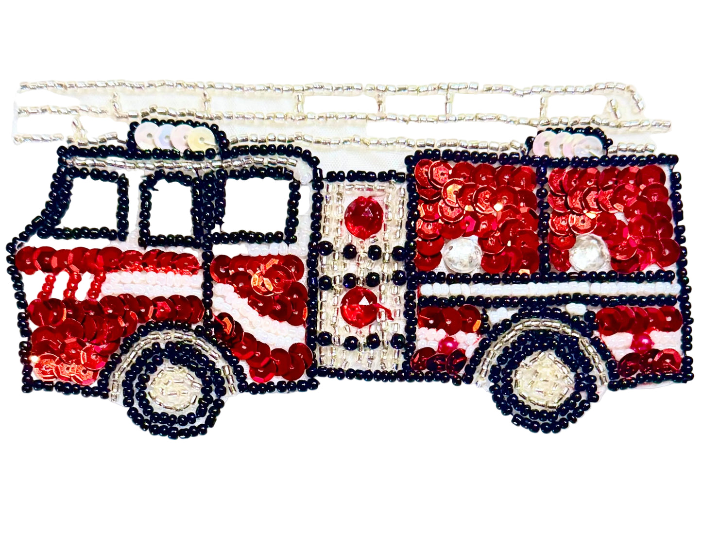 Decorative fire truck made of red and white sequins on a white background