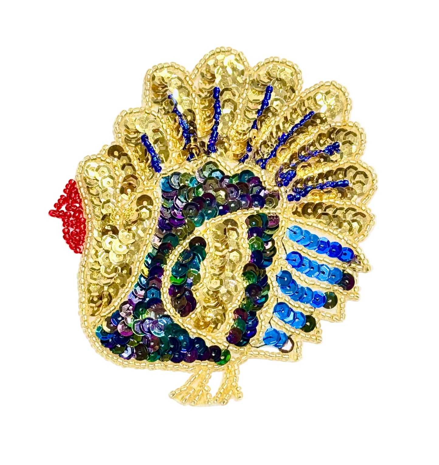 Pavo con lentejuelas doradas y azules, y abalorios dorados, rojos y azules 4.25" x 3.75"