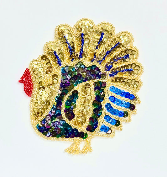 Turkey with Moonlight, Gold and Blue Sequins and Gold, Red and Blue Beads 4.25" x 3.75"