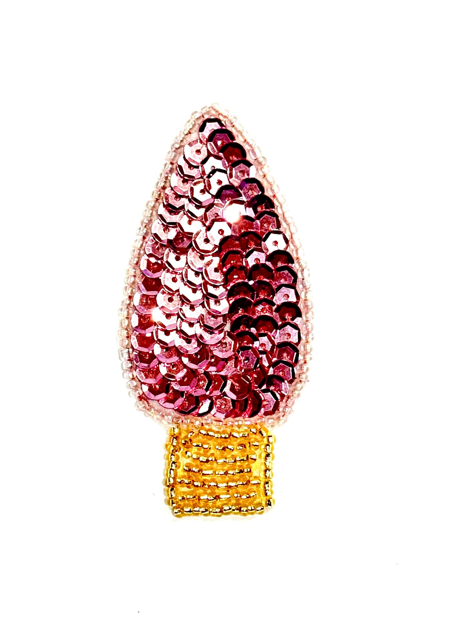 Christmas Light Bulb Appliqué with Pink Sequins and Gold and Silver Beads 3" x 1.25"