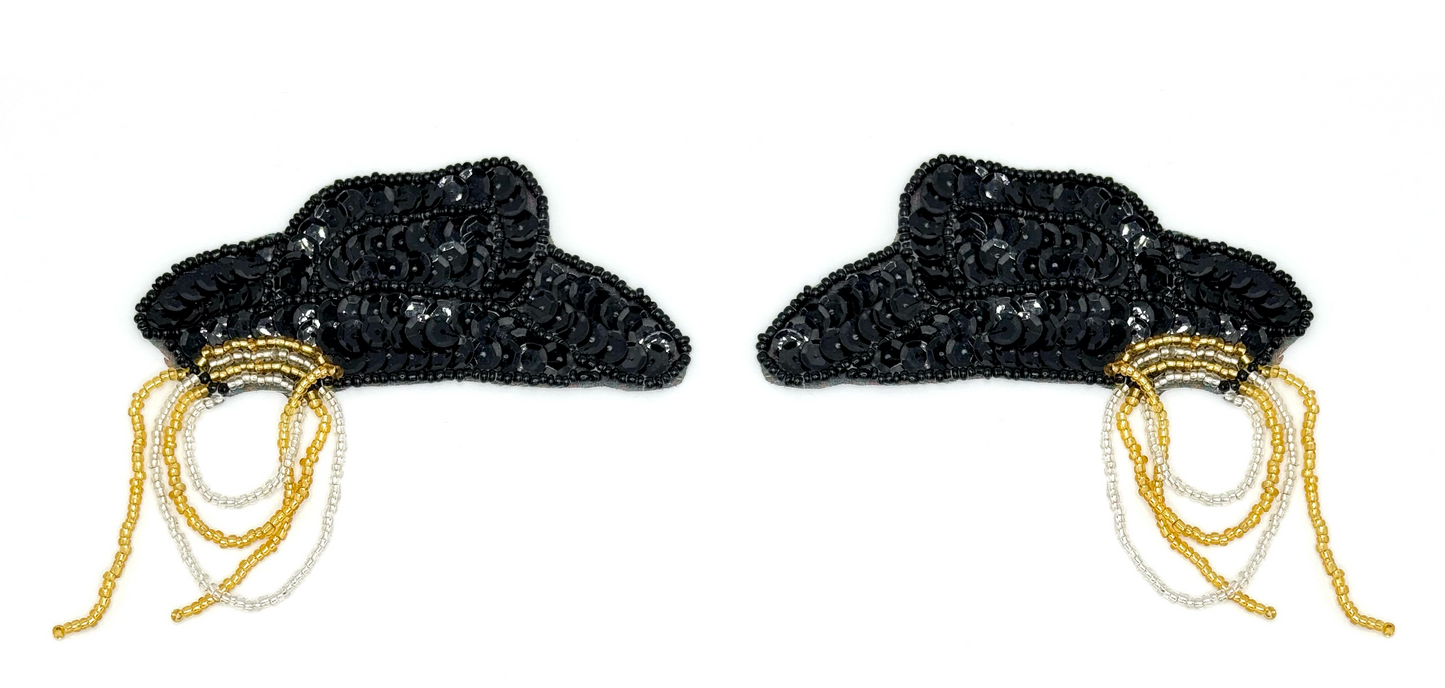 Cowboy Hat with Rope - Black Sequins - Black/Gold/Silver Beads 4" x 3.5"