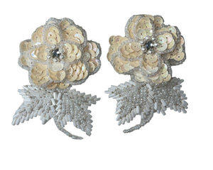 Flower Pair Triple Layered with Cream and White Sequins and Beads 3" x 2"