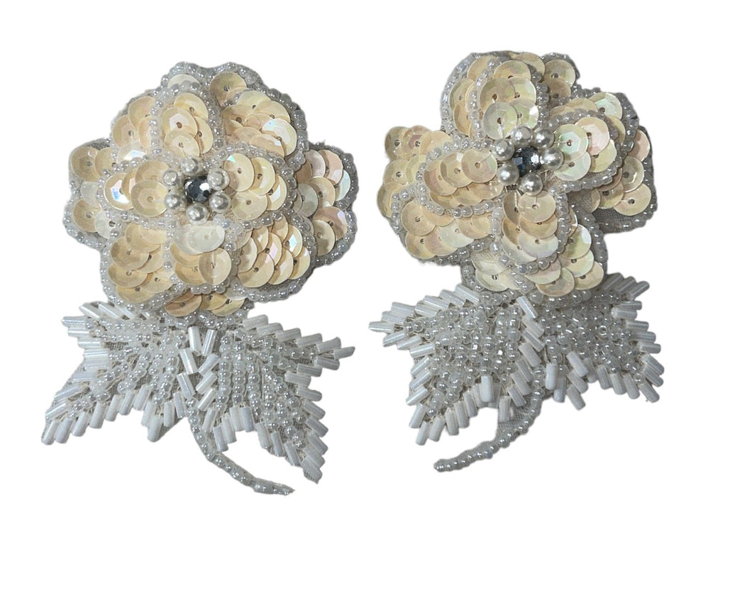 Flower Pair Triple Layered with Cream and White Sequins and Beads 3