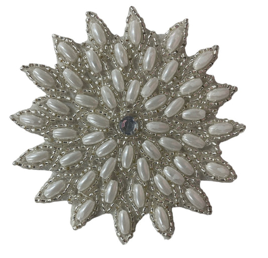 Flower with Silver Beads and White Pearls and Rhinestone 3"