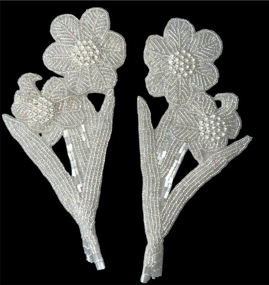 Flower Pair with Iridescent and White Beads with Pearl Cluster Center 7" x 3.5"