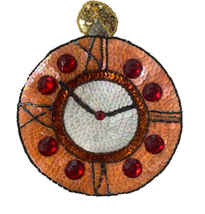 Clock with Peach Sequins and Eight Red Rhinestones 7"