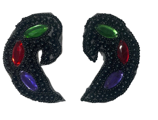 Designer Motif Paisley Pair with Black Beads and Rhinestones 2.5" x 1.5"