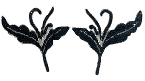 Black Sequin Beaded Flower Pair 6.5" X 6"