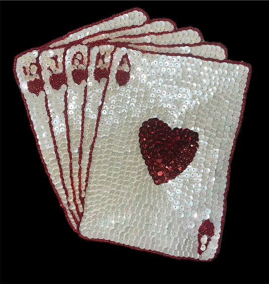 Royal Flush - Hearts with Red and White Sequins and Red Beads 7.75" x 7"