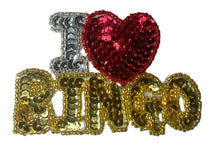 Load image into Gallery viewer, I Love Bingo with Gold, Silver &amp; Red Sequins 2.5&quot; x 3.5&quot;