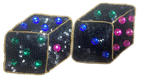 Black Sequin Dice Pair with Beads and Multi-Color Acrylic Stones 4.5" x 5"