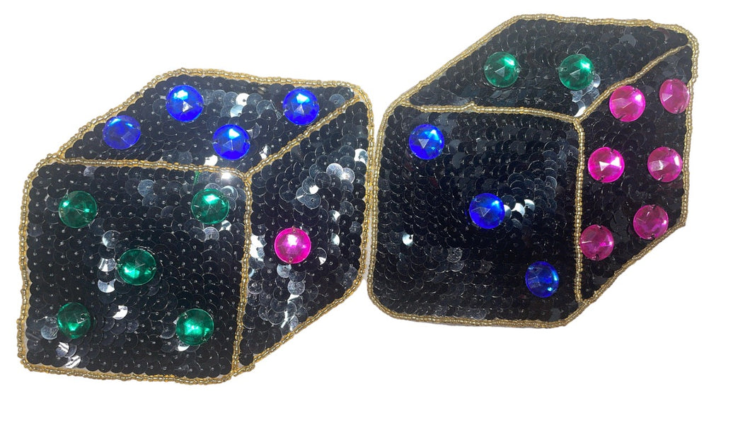Black Sequin Dice Pair with Beads and Multi-Color Acrylic Stones 4.5