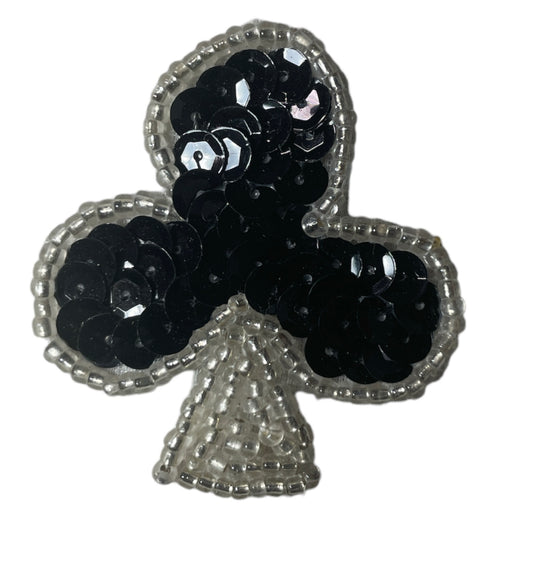 Club Card Suit with Black Sequins and Silver Beads 1.75" x 1.5"